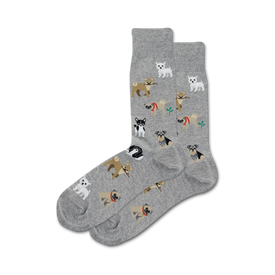 crew socks for men, cartoonish patterns of 12 different dog breeds.   