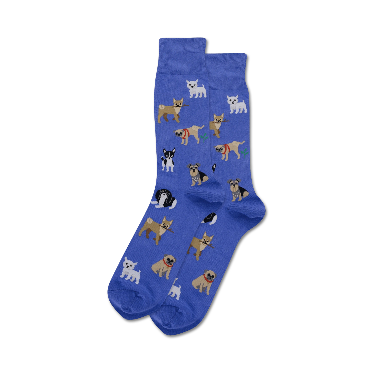 Lifestyle shot showing the blue 'Dogs of the World' socks on a person's feet.