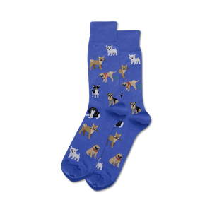 mens blue crew socks with a cartoonish pattern of various dog breeds.   