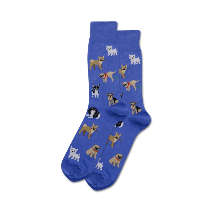 mens blue crew socks with a cartoonish pattern of various dog breeds.   