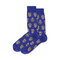 Pair of purple crew socks with a repeating pattern of colorful sugar skull designs. 