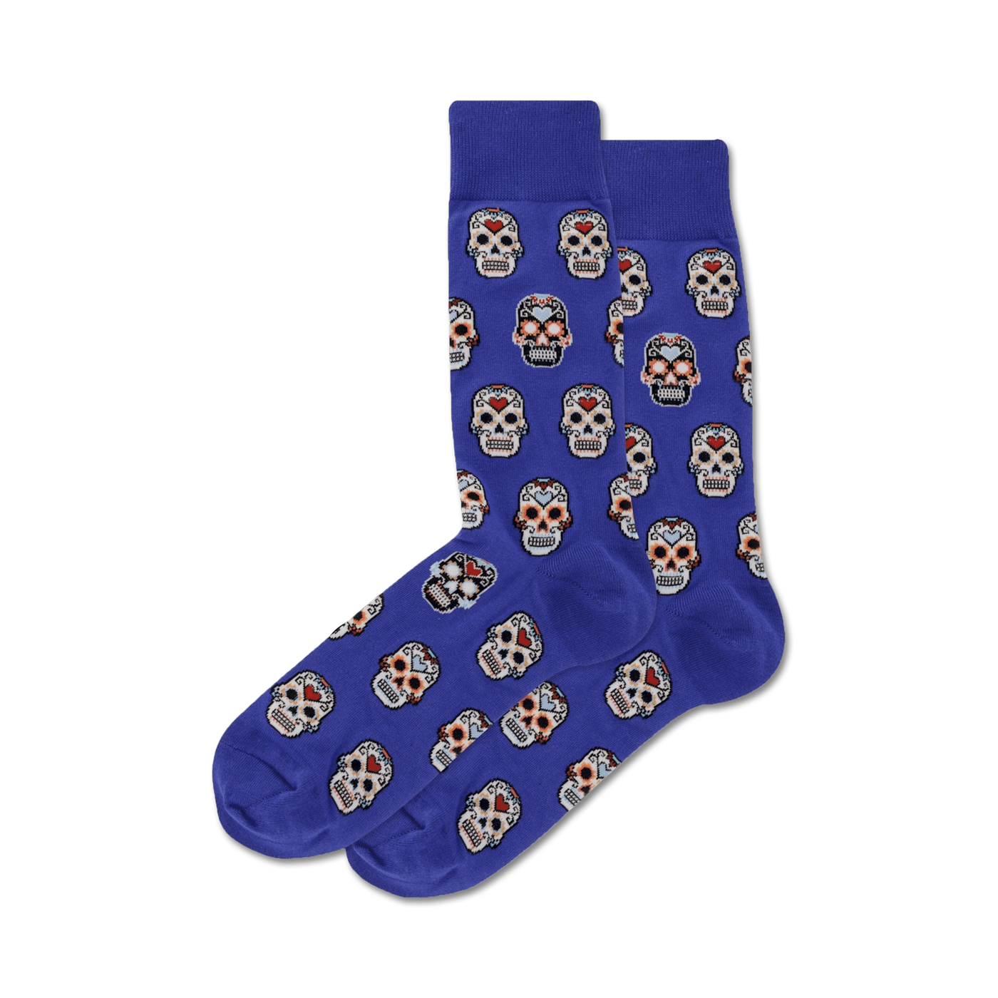 Pair of purple crew socks with a repeating pattern of colorful sugar skull designs. 