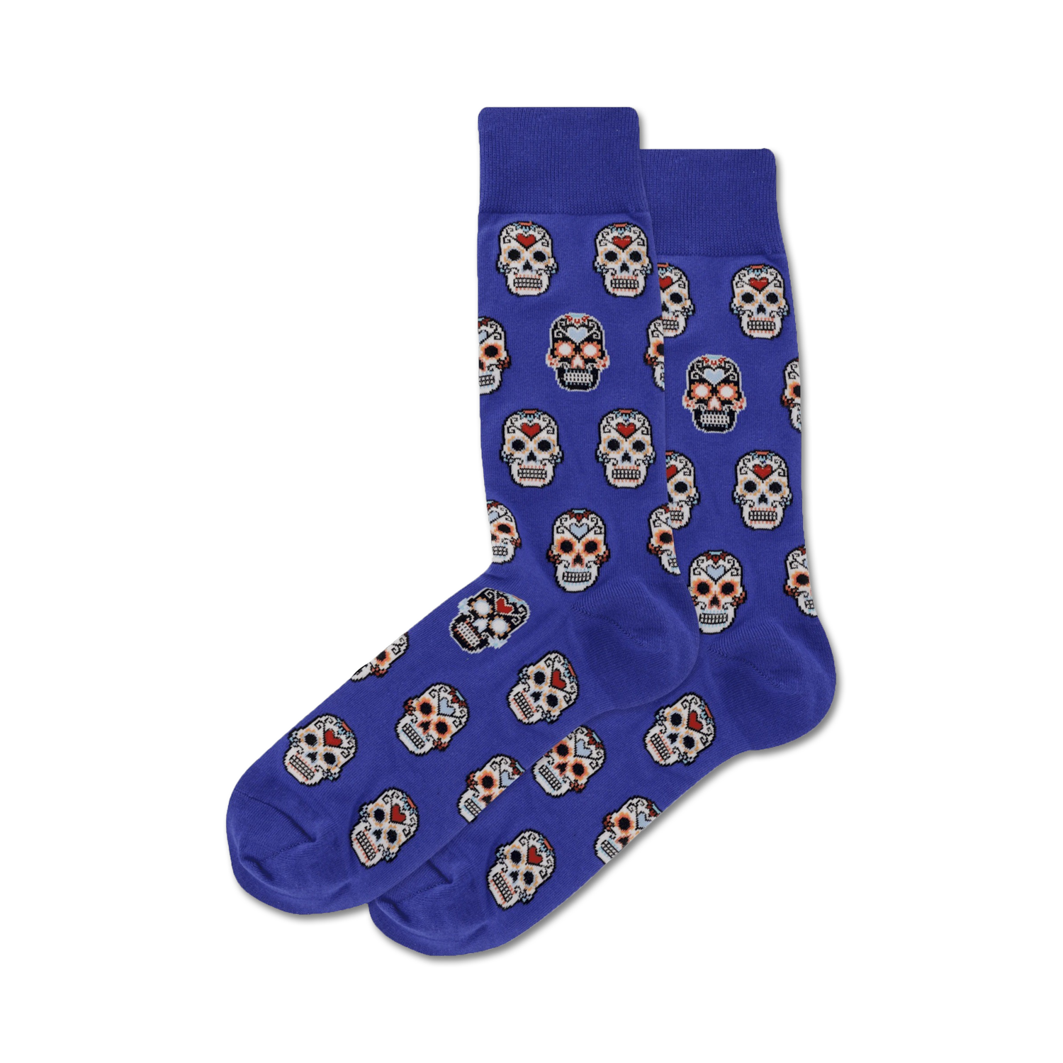 Pair of purple crew socks with a repeating pattern of colorful sugar skull designs. 