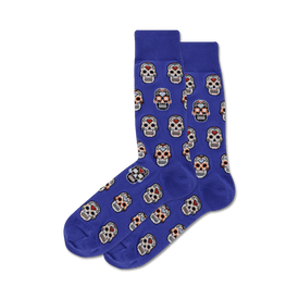 blue mens crew socks with white sugar skull pattern in pink and red.   