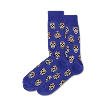 blue mens crew socks with white sugar skull pattern in pink and red.   