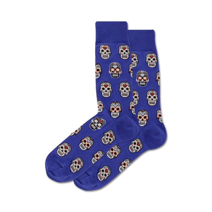 blue mens crew socks with white sugar skull pattern in pink and red.    }}