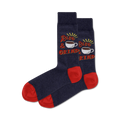 Pair of navy blue crew socks with red heels and toes.  Features a 'Rise & Grind' design with illustrated coffee cups.