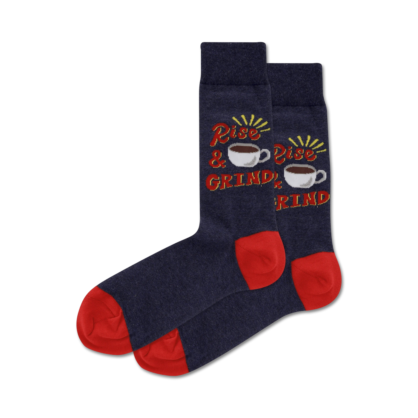 Pair of navy blue crew socks with red heels and toes.  Features a 'Rise & Grind' design with illustrated coffee cups.