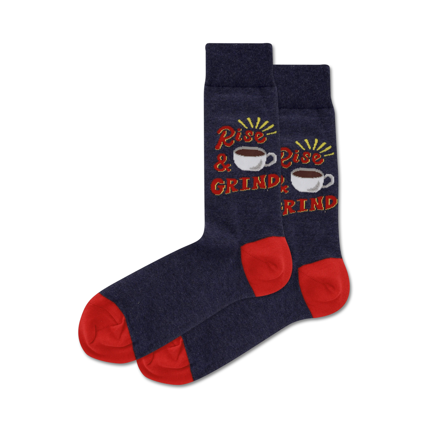 Pair of navy blue crew socks with red heels and toes.  Features a 'Rise & Grind' design with illustrated coffee cups.