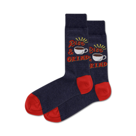 rise and grind coffee themed mens blue novelty crew socks