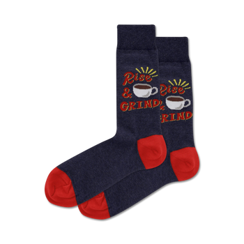 dark blue crew socks with red toes and heels. coffee cup design with "rise and grind" text. made for men.   