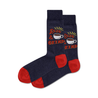 dark blue crew socks with red toes and heels. coffee cup design with "rise and grind" text. made for men.   