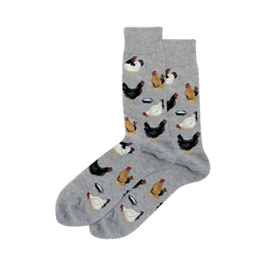 Pair of crew socks; gray and light blue options shown.  Features a repeating pattern of black, brown, and white chickens near small bowls.