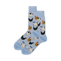 Lifestyle shot showing a pair of the light blue 'Feeding Chickens' socks.