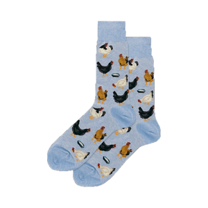 Lifestyle shot showing a pair of the light blue 'Feeding Chickens' socks.