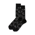 Pair of black crew socks with a repeating pattern of white cat outlines in various poses.  A fun and quirky design!