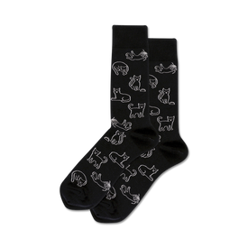 black crew socks featuring white cat silhouette pattern.  