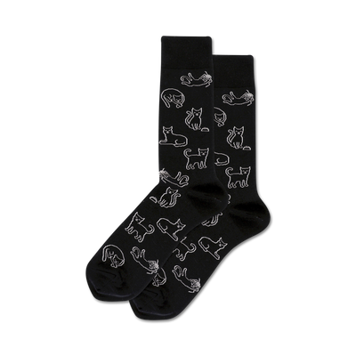 black crew socks featuring white cat silhouette pattern.  