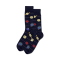 Pair of navy blue crew socks with a whimsical solar system design. Planets, stars, and stripes are featured in yellow, red, and blue.