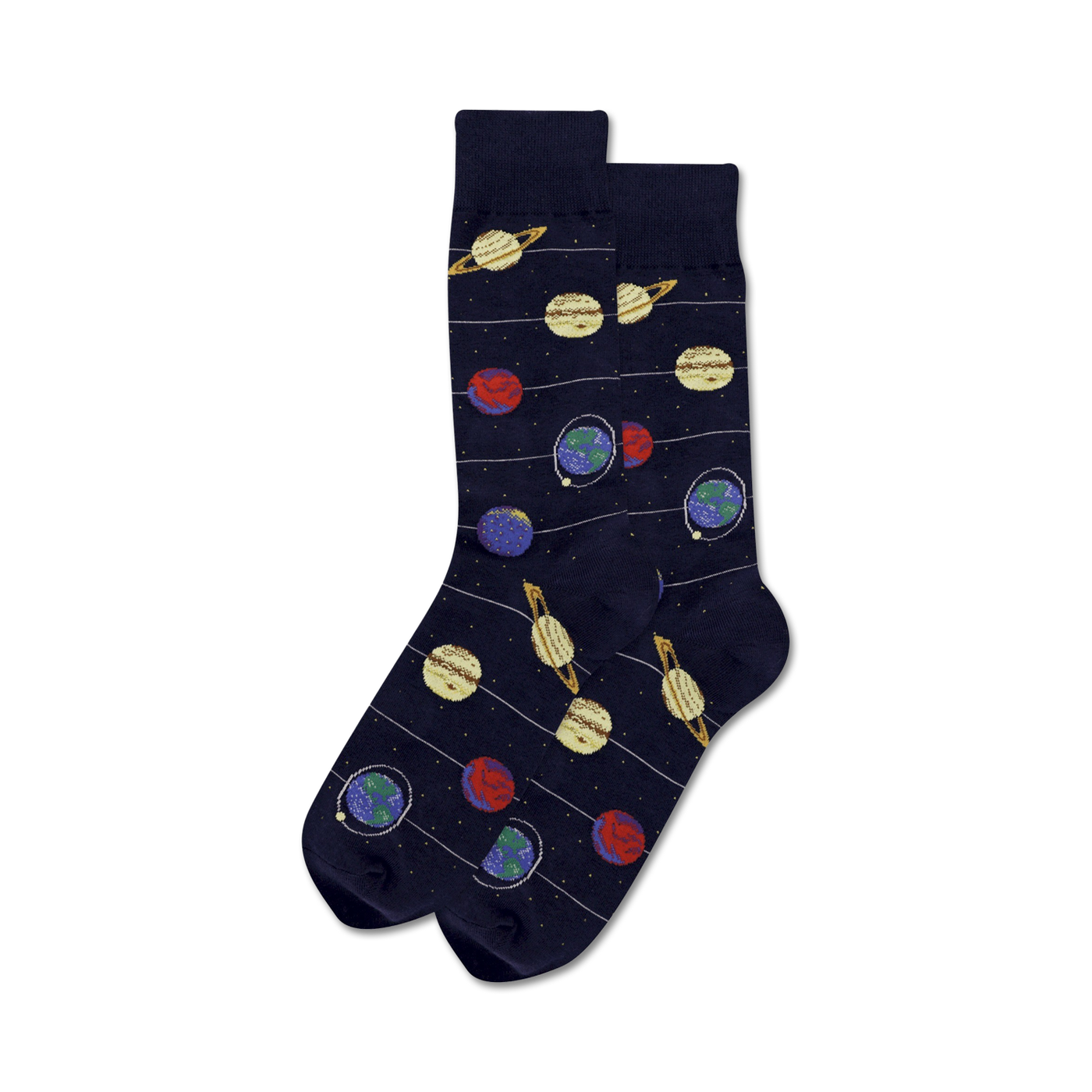 Pair of navy blue crew socks with a whimsical solar system design. Planets, stars, and stripes are featured in yellow, red, and blue.