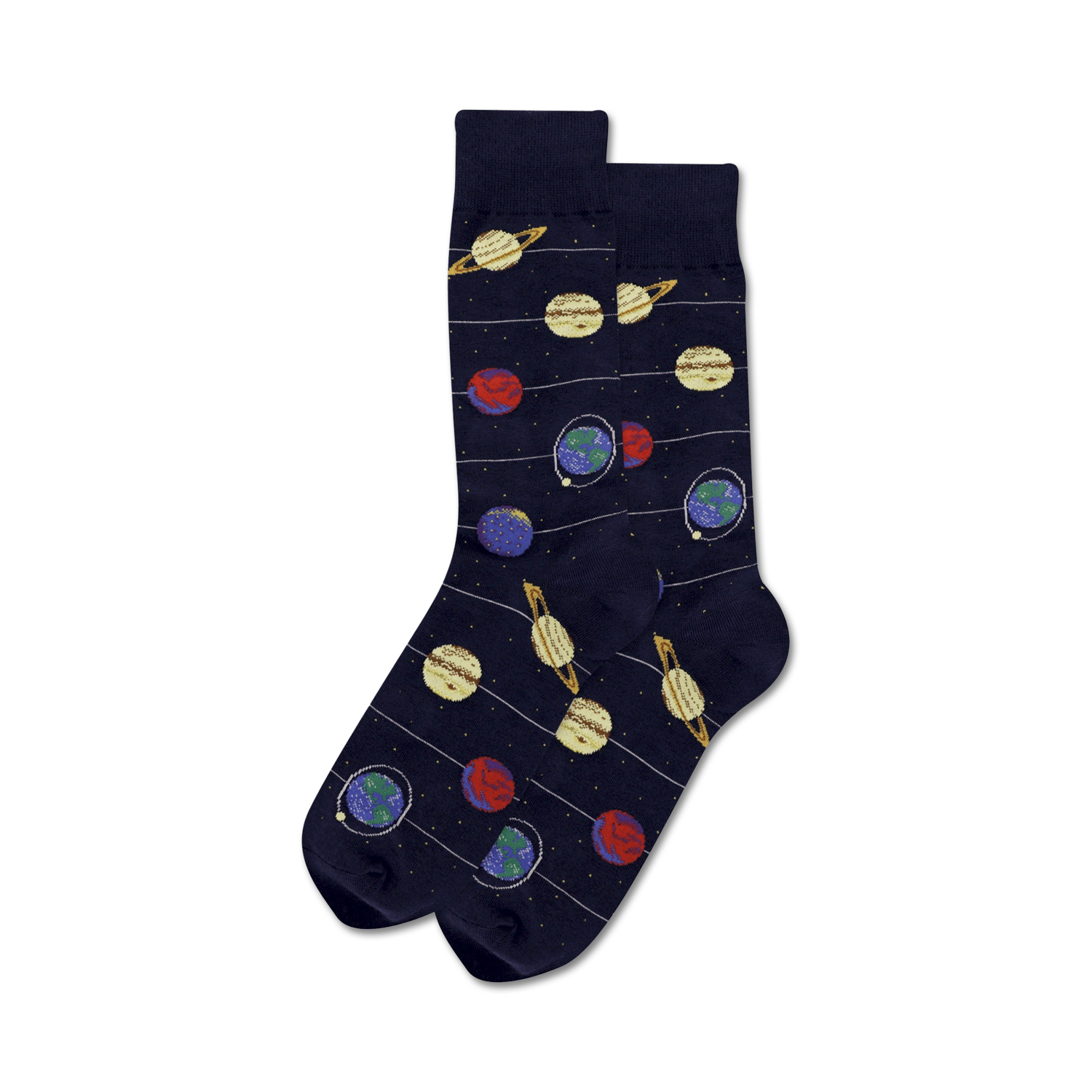 Pair of navy blue crew socks with a whimsical solar system design. Planets, stars, and stripes are featured in yellow, red, and blue.
