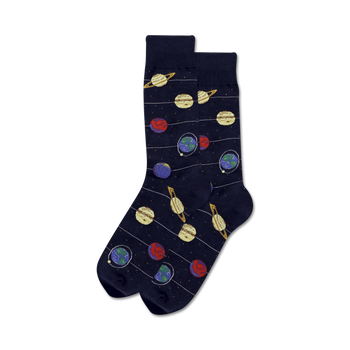 solar system crew socks: mens space-themed socks featuring earth, mars, venus, saturn, jupiter, uranus, neptune, and mercury. (8 planets total)  