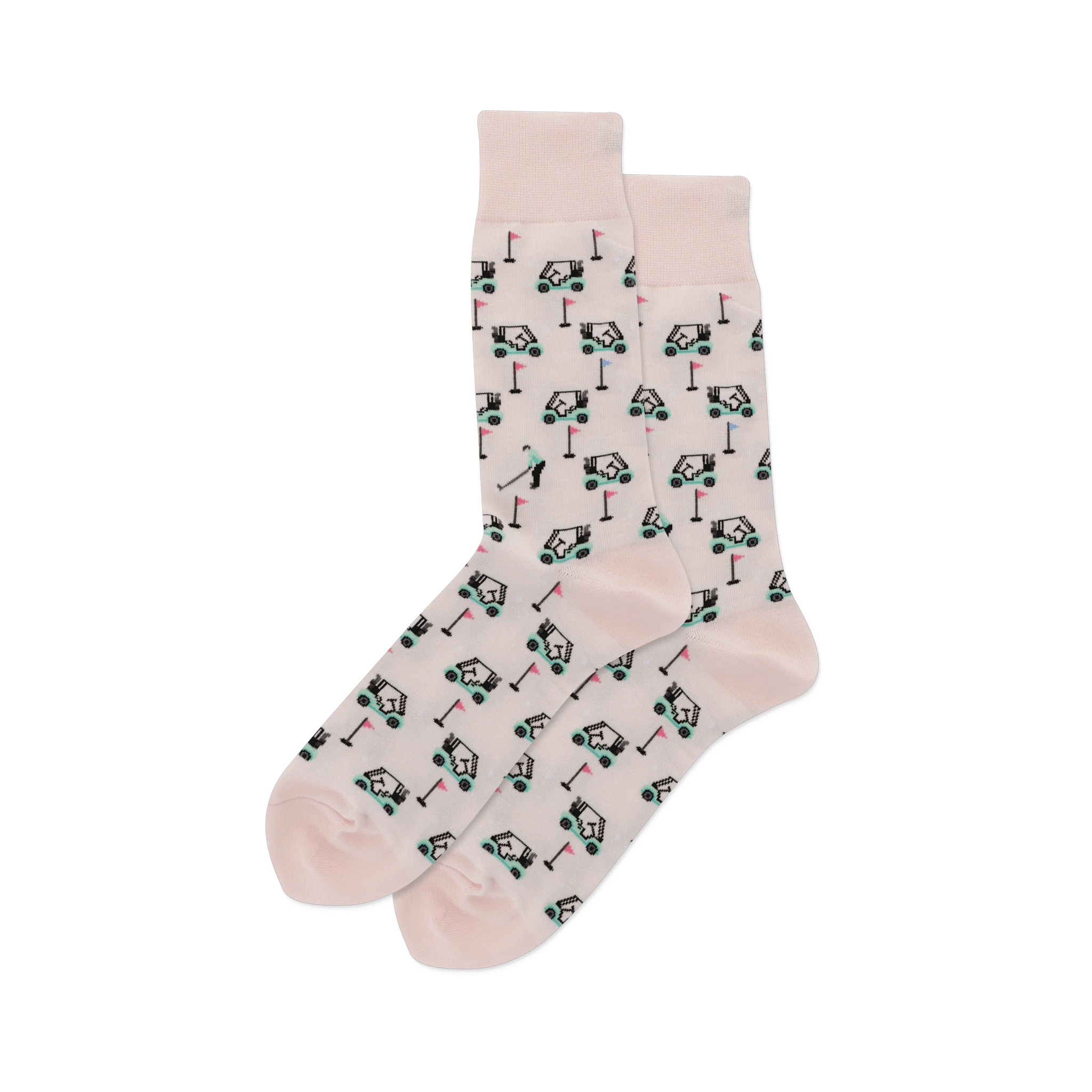 Light pink golf socks with a fun pattern of mint green golf carts, pink flags, and golfers.