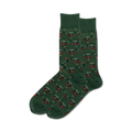 Pair of dark green crew socks with a repeating pattern of red golf carts and golfers. 