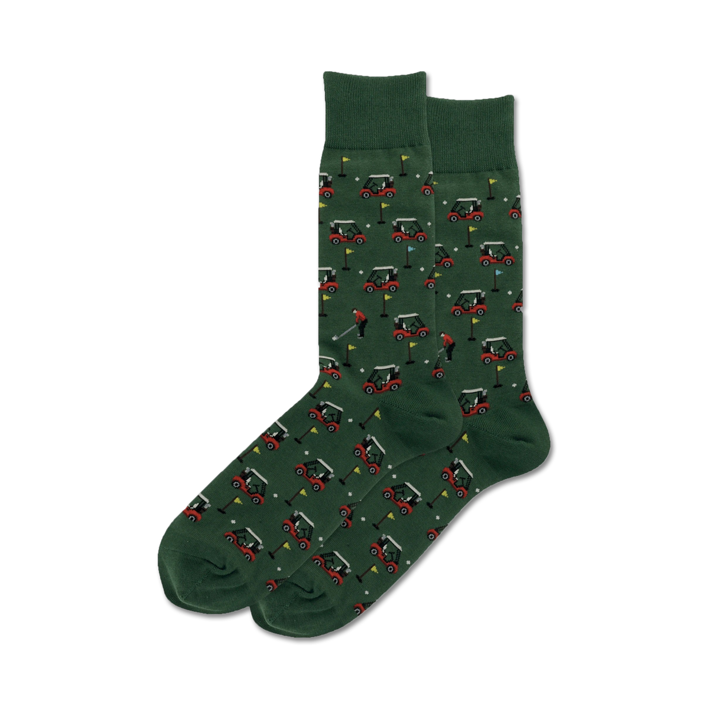 Pair of dark green crew socks with a repeating pattern of red golf carts and golfers. 