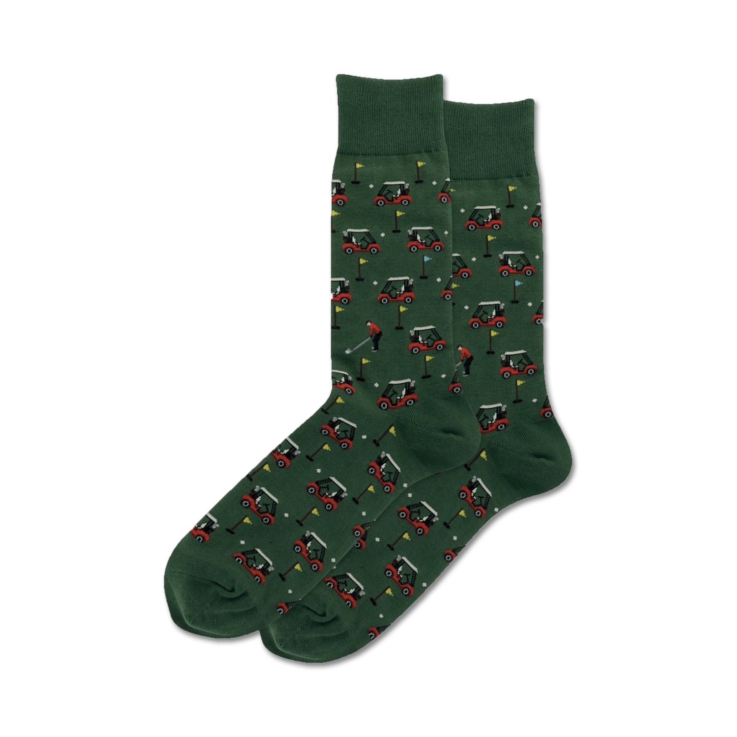 Pair of dark green crew socks with a repeating pattern of red golf carts and golfers. 