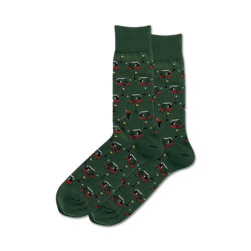 Pair of dark green crew socks with a repeating pattern of red golf carts and golfers. 