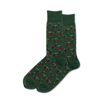 mens crew length socks with a pattern of green, red, and white golf carts, flags, and players - perfect for a day on the course.    