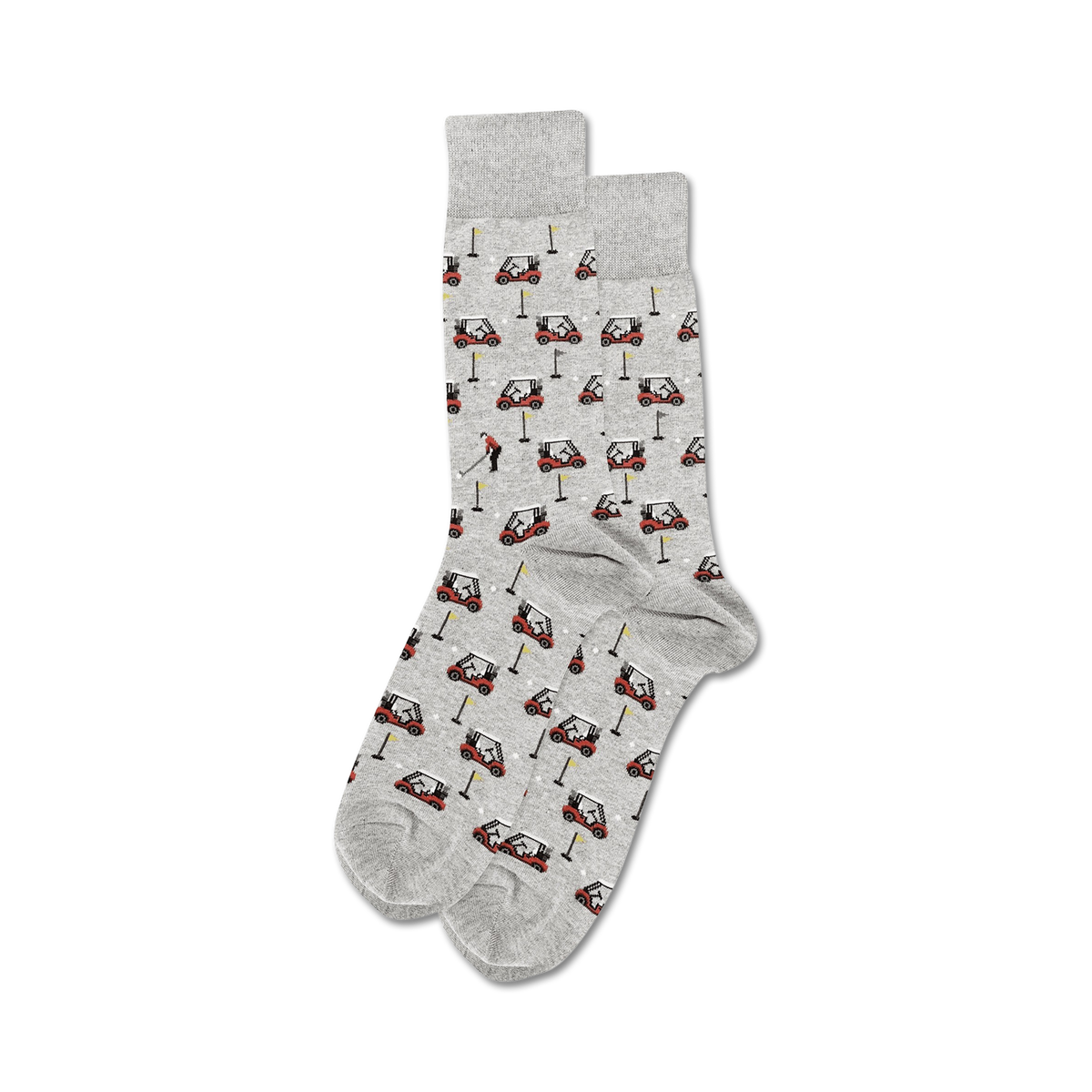 Lifestyle shot of Golfer Carts socks in grey, showcasing the design on feet.