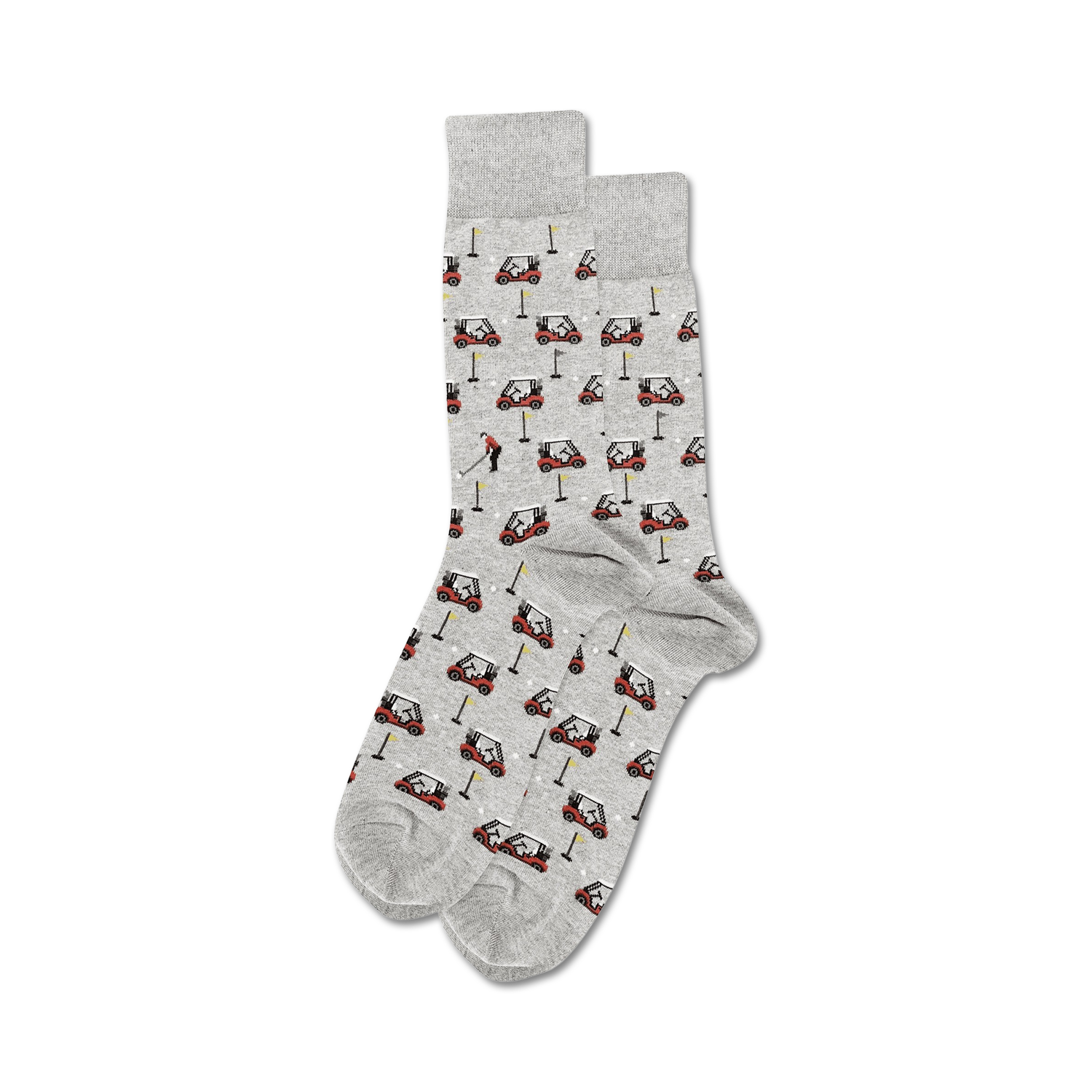Lifestyle shot of Golfer Carts socks in grey, showcasing the design on feet.