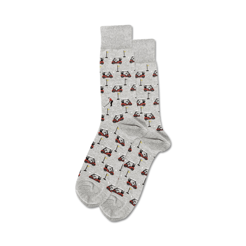 Lifestyle shot of Golfer Carts socks in grey, showcasing the design on feet.