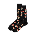 A pair of black crew socks with a repeating pattern of red and white mushrooms and a small snail.