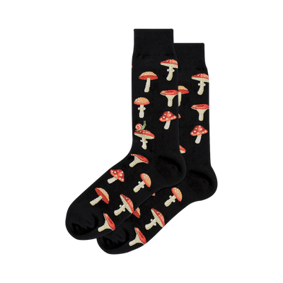 A pair of black crew socks with a repeating pattern of red and white mushrooms and a small snail.