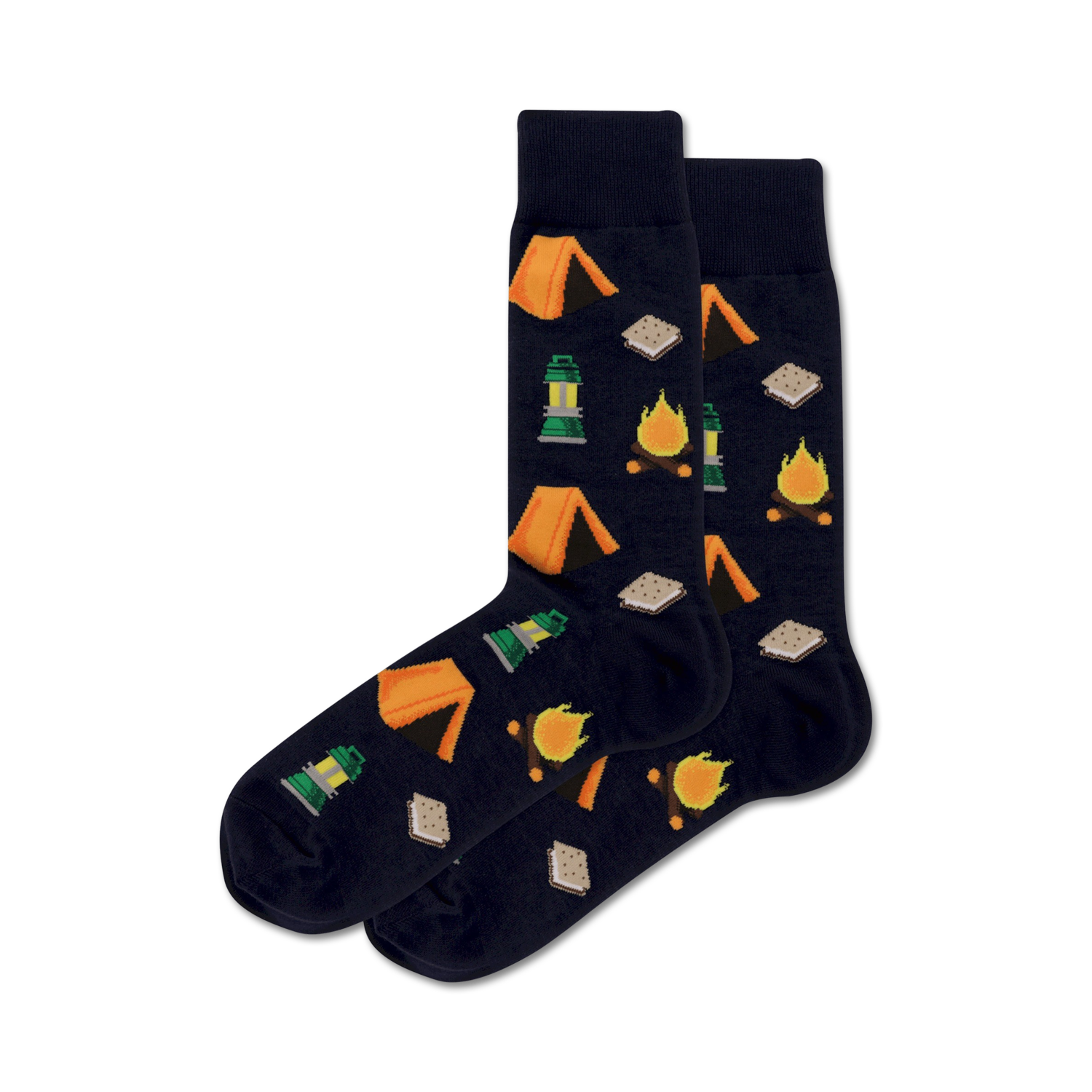 Pair of navy blue crew socks with orange tents, campfires, and s'mores graphics.