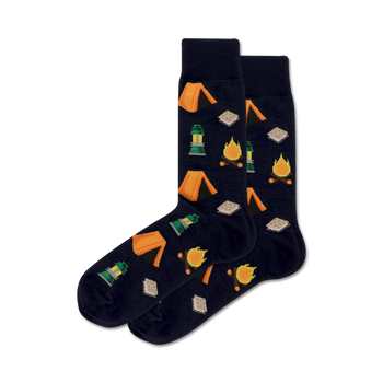 blue camping crew socks with tents, campfires, lanterns, and graham crackers.  