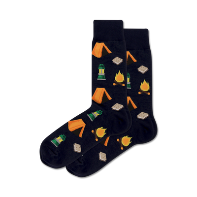 blue camping crew socks with tents, campfires, lanterns, and graham crackers.  