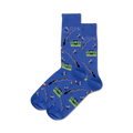 Pair of crew socks in blue, featuring a whimsical fishing-themed pattern with fishing rods, tackle boxes, and lures.