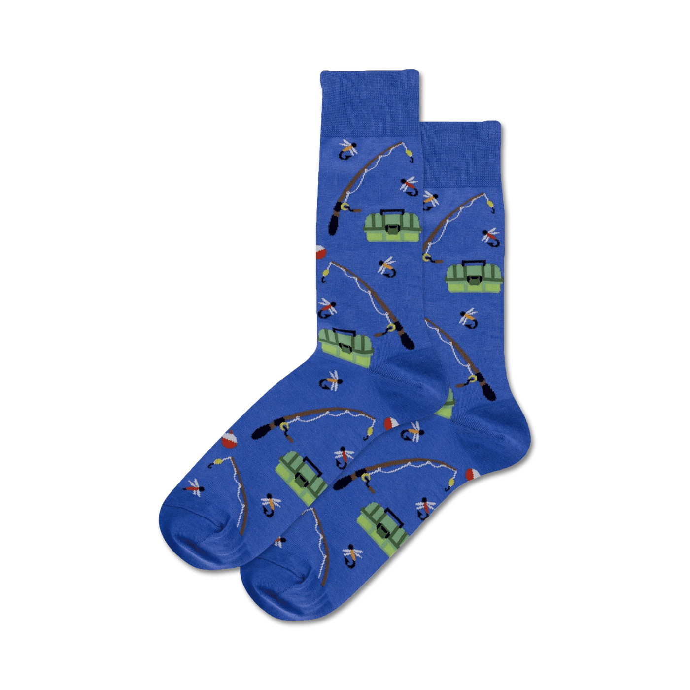 Pair of crew socks in blue, featuring a whimsical fishing-themed pattern with fishing rods, tackle boxes, and lures.