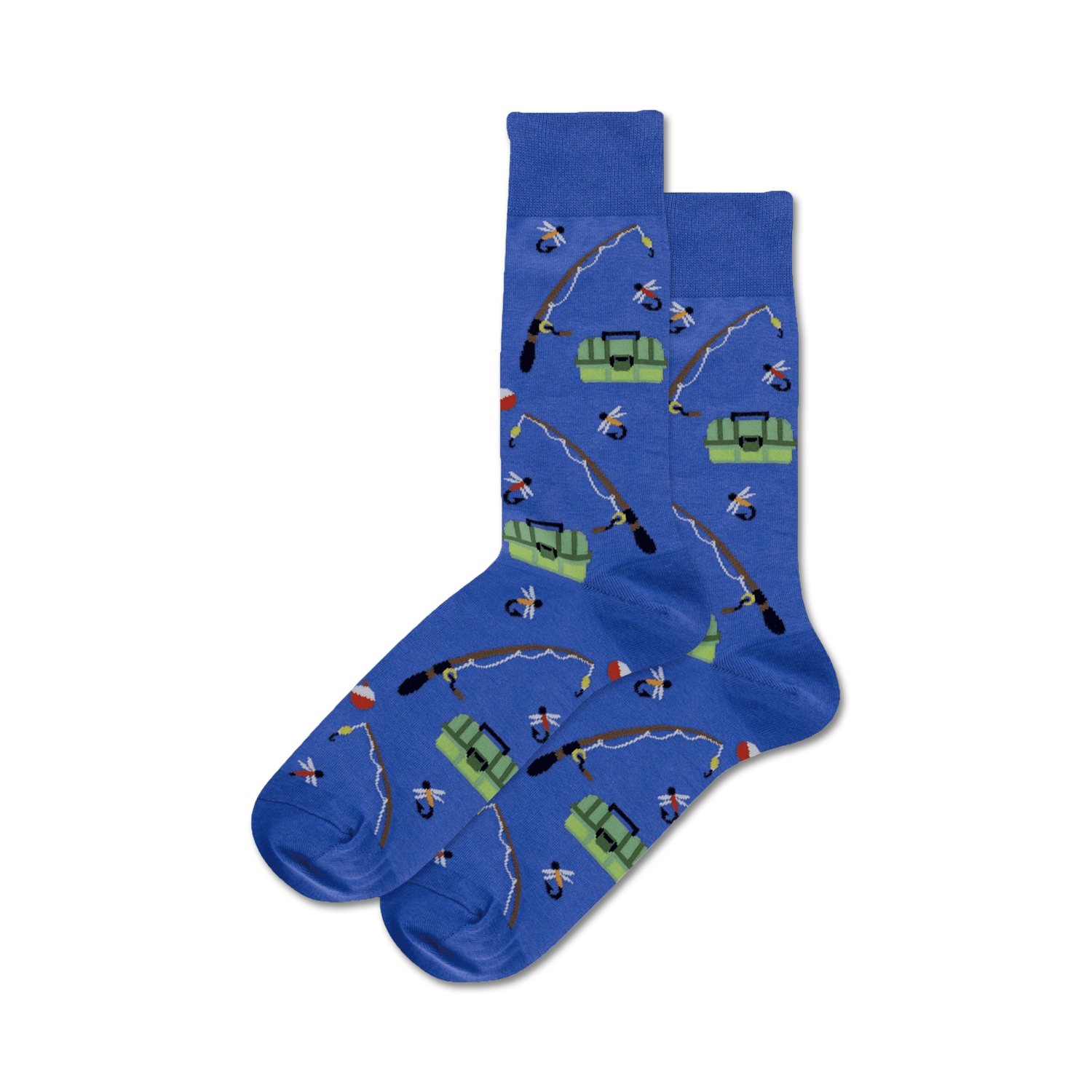 Pair of crew socks in blue, featuring a whimsical fishing-themed pattern with fishing rods, tackle boxes, and lures.