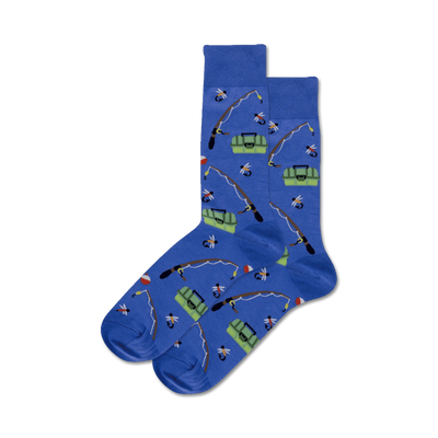 Pair of crew socks in blue, featuring a whimsical fishing-themed pattern with fishing rods, tackle boxes, and lures.