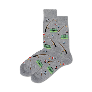 fishing socks in gray crew length for men feature pattern of rods, tackle boxes, and flies.   