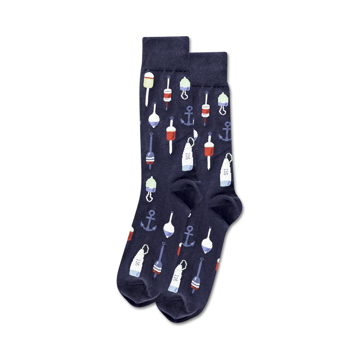 Pair of crew socks in navy blue and tan featuring a pattern of anchors and colorful buoys.