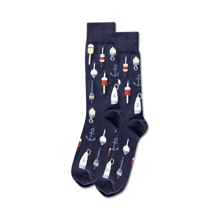 dark blue crew socks with red/white buoys and gray anchors, perfect for the fisherman in your life.  