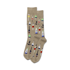 red, green, blue, and yellow buoys and black anchors on a tan background. mens crew sock perfect for fishing fans.  