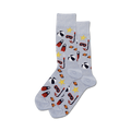 Pair of grey crew socks with a fun summer design.  The pattern includes beach balls, red flippers, snorkeling masks, and yellow starfish.