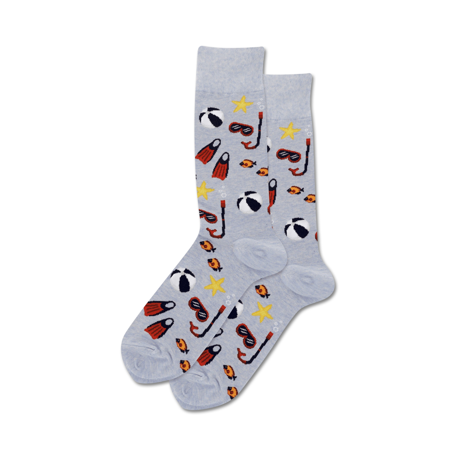 Pair of grey crew socks with a fun summer design.  The pattern includes beach balls, red flippers, snorkeling masks, and yellow starfish.